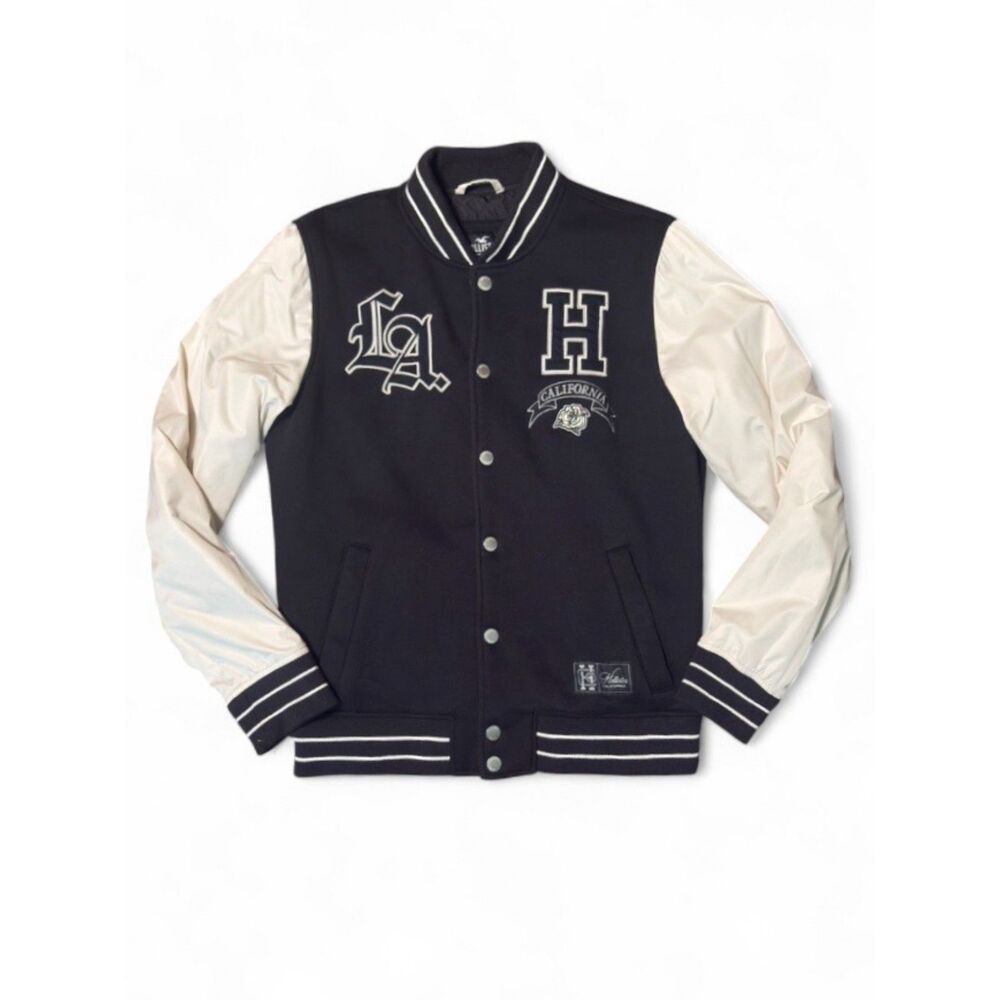 Hollister Black Varsity Jacket White Sleeves Los Angeles Embroidered Men's M